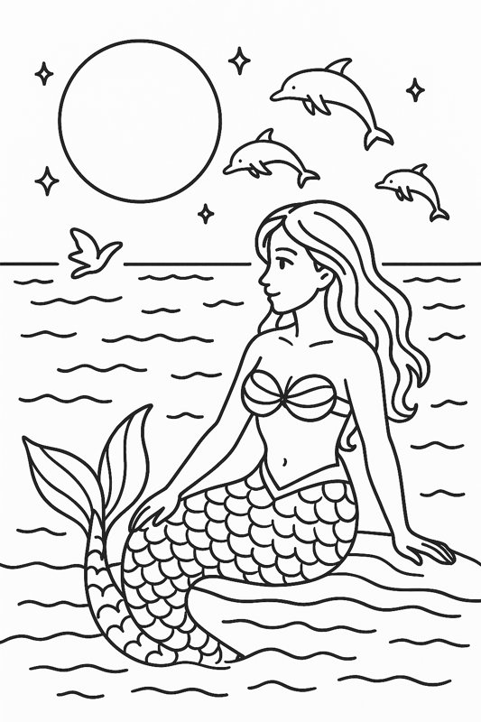 Full Moon Dolphins Coloring Page artwork