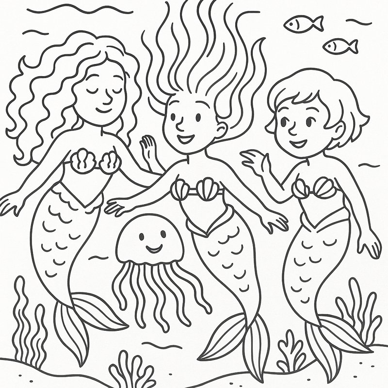 Mermaid Friends kids coloring page