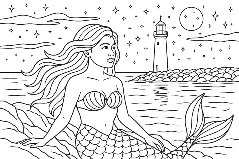 Moonlit Lighthouse Bay Coloring Page artwork