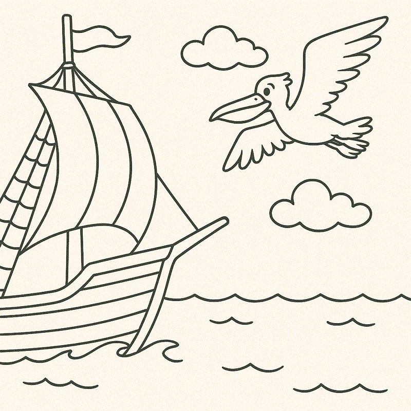 Sailboat & Pelican Coloring Page artwork